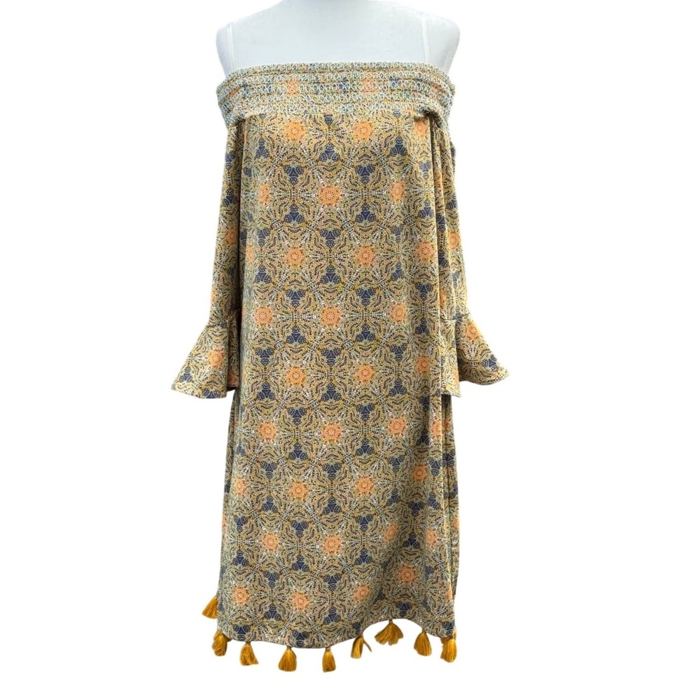 Cabana Life Off The Shoulder Dress Womens Medium Yellow Tassel EUC 706-DS21
